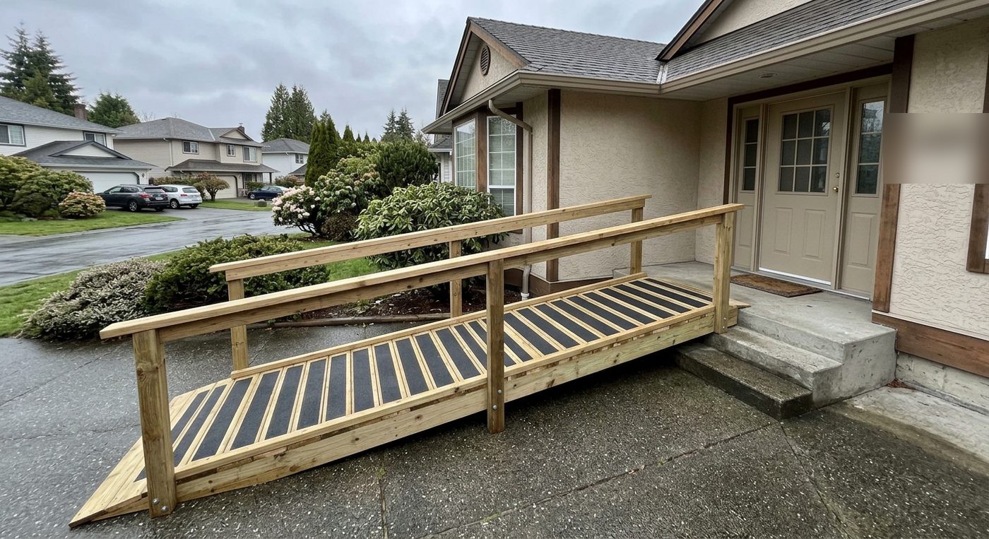 Wooden exterior wheelchair accessibility ramp leading to front door