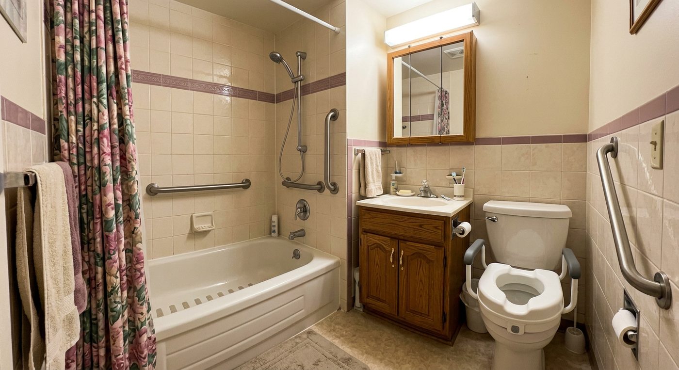 Bathroom with grab bars in tub and raised toilet seat with armrests